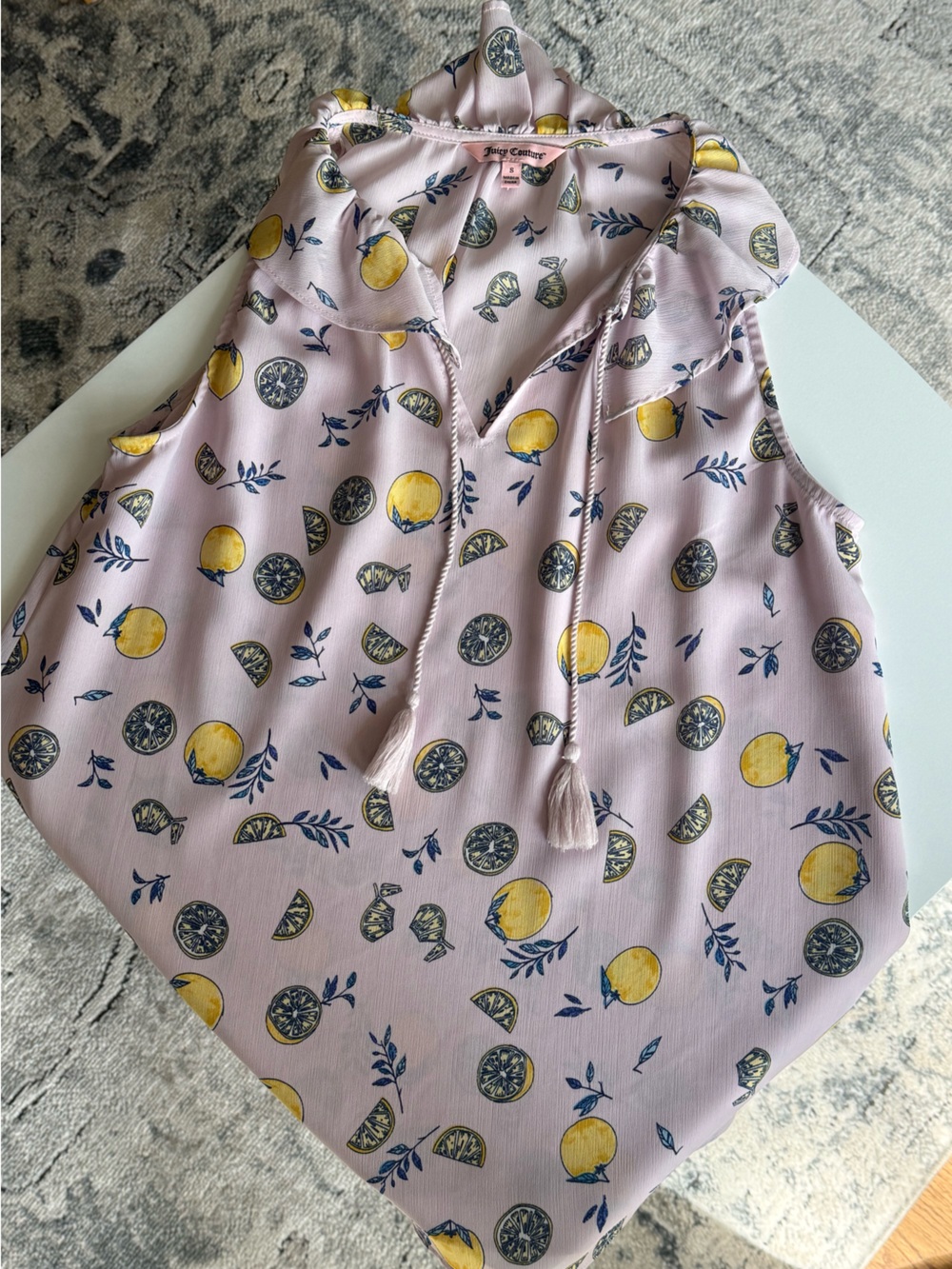 Juicy Couture Lavender Lemon-Print Chiffon Blouse with Ruffle Tie Neck Small